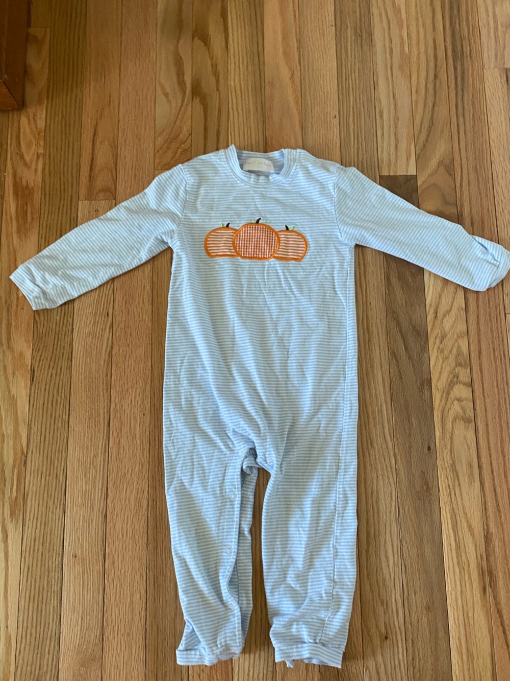 Light Blue Striped Baby One-Piece with Orange pumpkin Appliqués